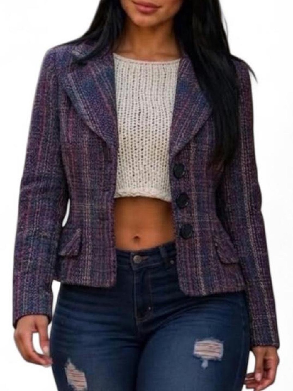 Womens Purple Plaid Tailored Button Blazer Jacket